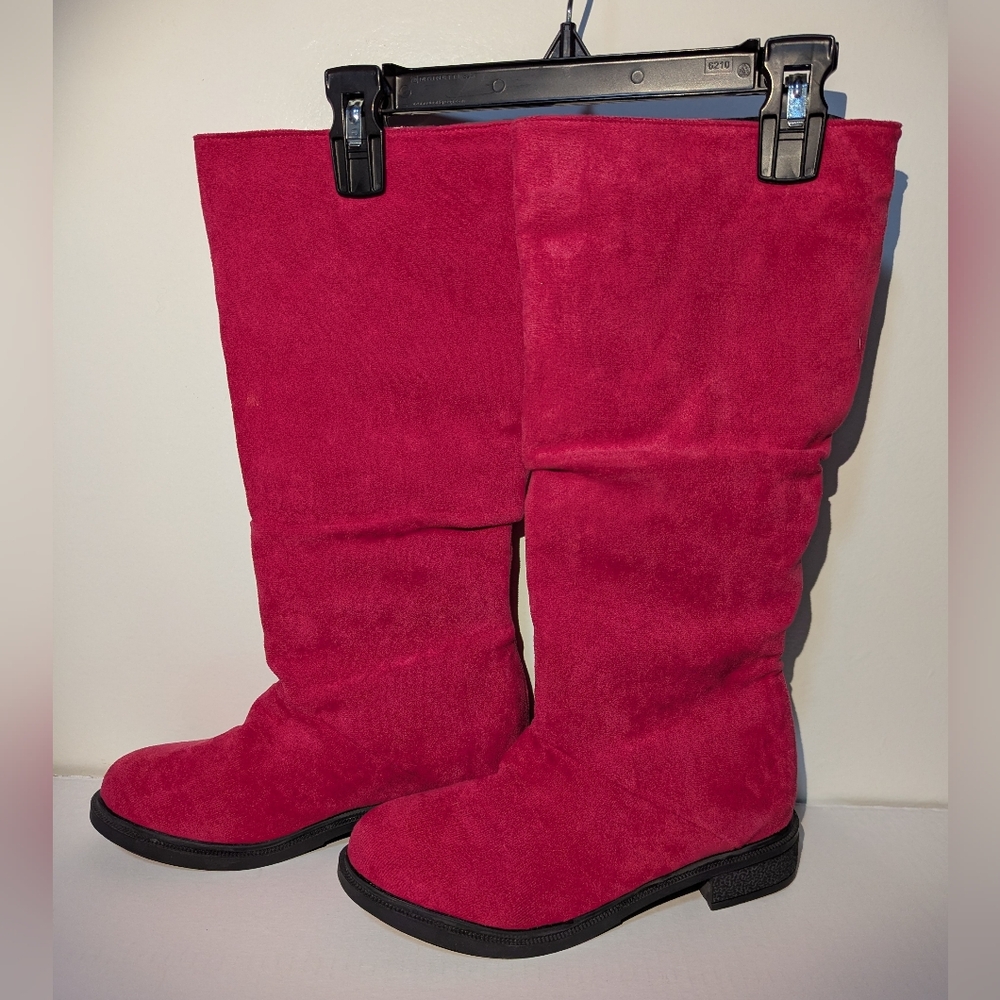 SZ 8.5 Faux Suede Women's Mid-Calf Slouchy Boots With Low Heel - Hot Pink